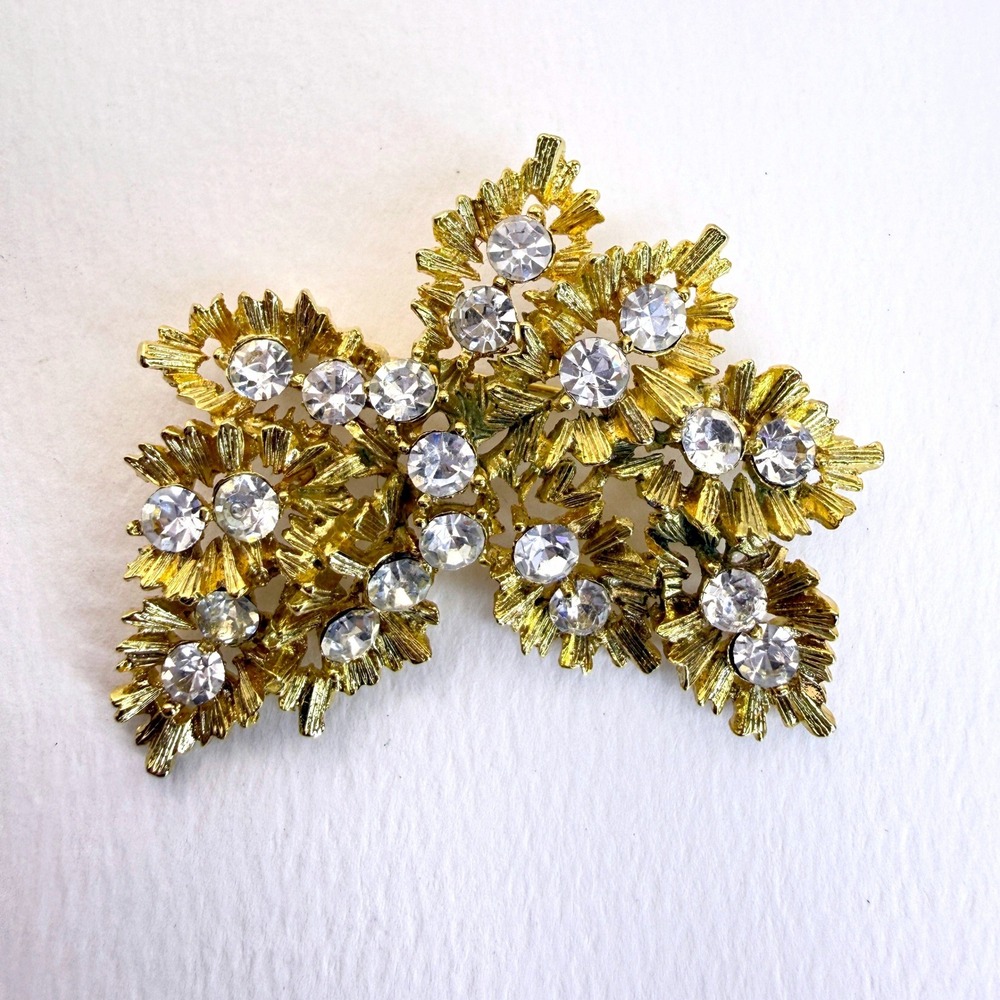 Vintage MJ Ent Floral Rhinestone Brooch Pin Textured Leaf Spray Gold Tone‎